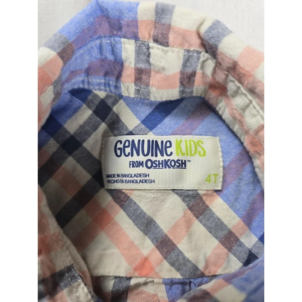 Genuine Kids OshKosh Shirt Boys 4T Blue Peach‎ Plaid Button Front Casual